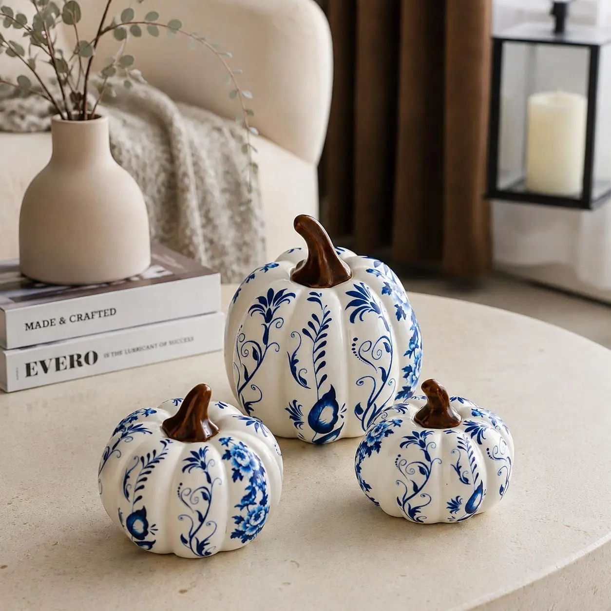 Blue White Floral Ceramic Pumpkin Figurine, Chinoiserie Style Porcelain Pumpkin Table Decor for Living Room, Autumn Thanksgiving Farmhouse Home Ornament