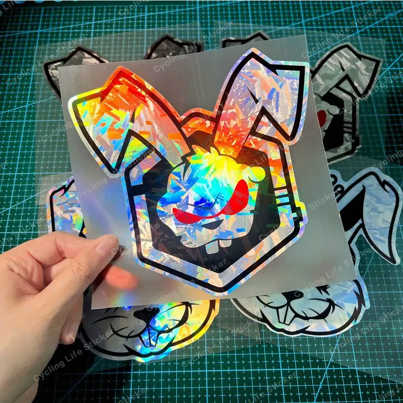1PC red-eyed rabbit motorcycle sticker Decal, Motorcycle Decoration, waterproof, durable, scratch-blocking, laser effect, Hologram Stickers, self-adhesive, suitable for motorcycle side panels, fuel tanks, and modified cars