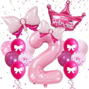 32-Inch Number 2 Balloon Set with Bows & Crown - Pink princess birthday party decorations for Girls, crown balloons, princess balloons, suitable for birthday decorations (2)