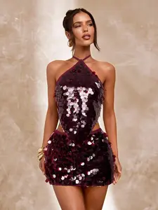 Women's Sleeveless Polyester Sequins Halter Dress - Backless, Floral, Sexy Fit, Premium Fabric, Festival & Formal Party Wear
