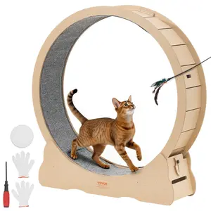 【FathersDayGift】VEVOR Cat Exercise Wheel, 48 in Wooden Cat Running Wheel for Indoor Cats up to 28 lbs, Cats Treadmill with Carpeted Runway & Locking Mechanism, Quiet Roller Kitten Sport Toys for Pets Fitness & Health
