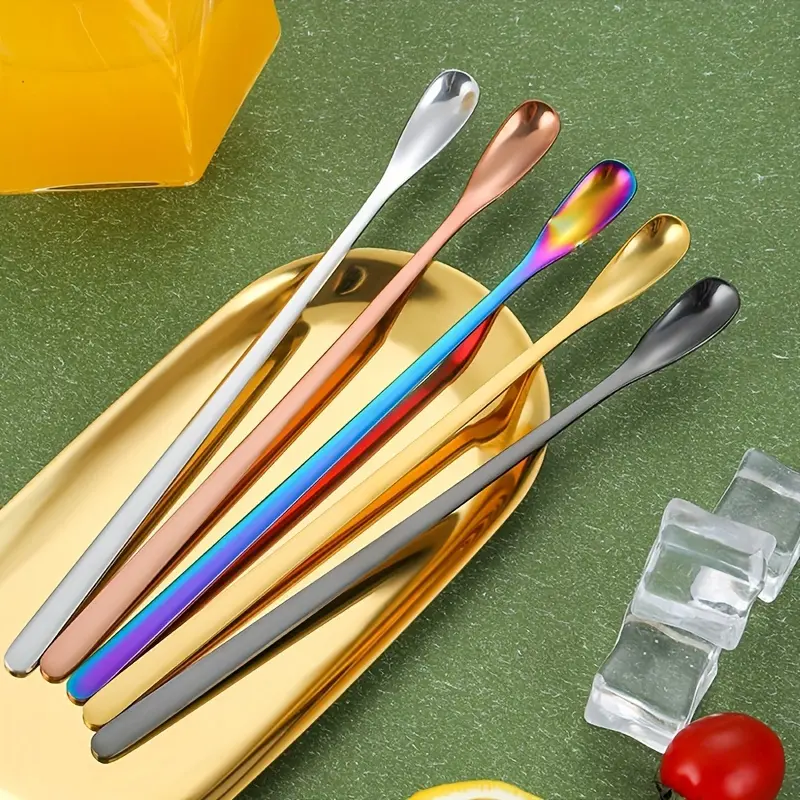 5pcs Stainless Steel Bar Spoon, Home Bar Accessories, Japanese Seasoning Spoon, Honey Coffee Stirring Spoon, Ice Spoon, Tea Scoop, Spoons Set
