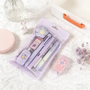 7PCS Purple Stationery Set  Kawaii– Cute School Supplies Kit with Ballpoint Pens, Highlighter, Correction Tape, Eraser & Pencil Sharpener, Aesthetic Writing Supplies for Students, Note Taking, Journaling & Office Use, Back to School Essentials glitter