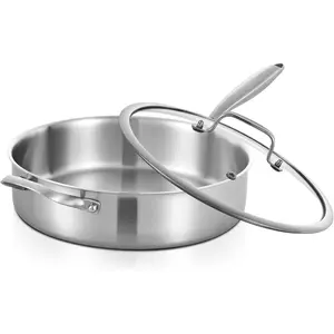 6 QT Stainless Steel Saute Pan with Lid, 12 Inch Tri-Ply Stainless Steel Deep Frying Pan, Large Skillet, Induction Compatible,  Cooktops, Oven & Dishwasher Safe