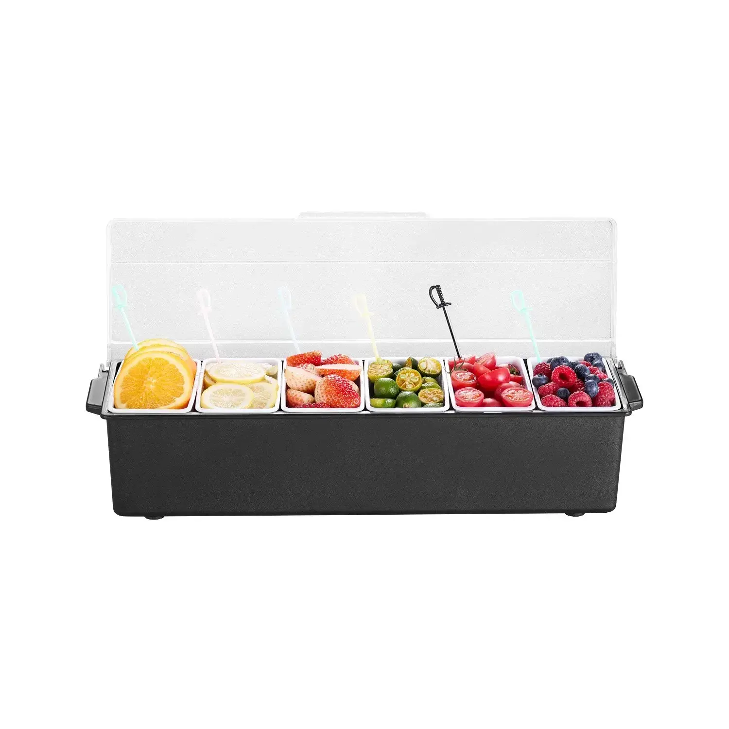 6 Compartment Ice Cooled Condiment Server, Detachable Chilled Garnish Tray Bar Caddy with Lid, BPA-Free Food-Safe Ice Serving Container, Fresh-Keeping Condiment Holder for Bartending, Taco, Salad, Fruit, Home & Restaurant Use
