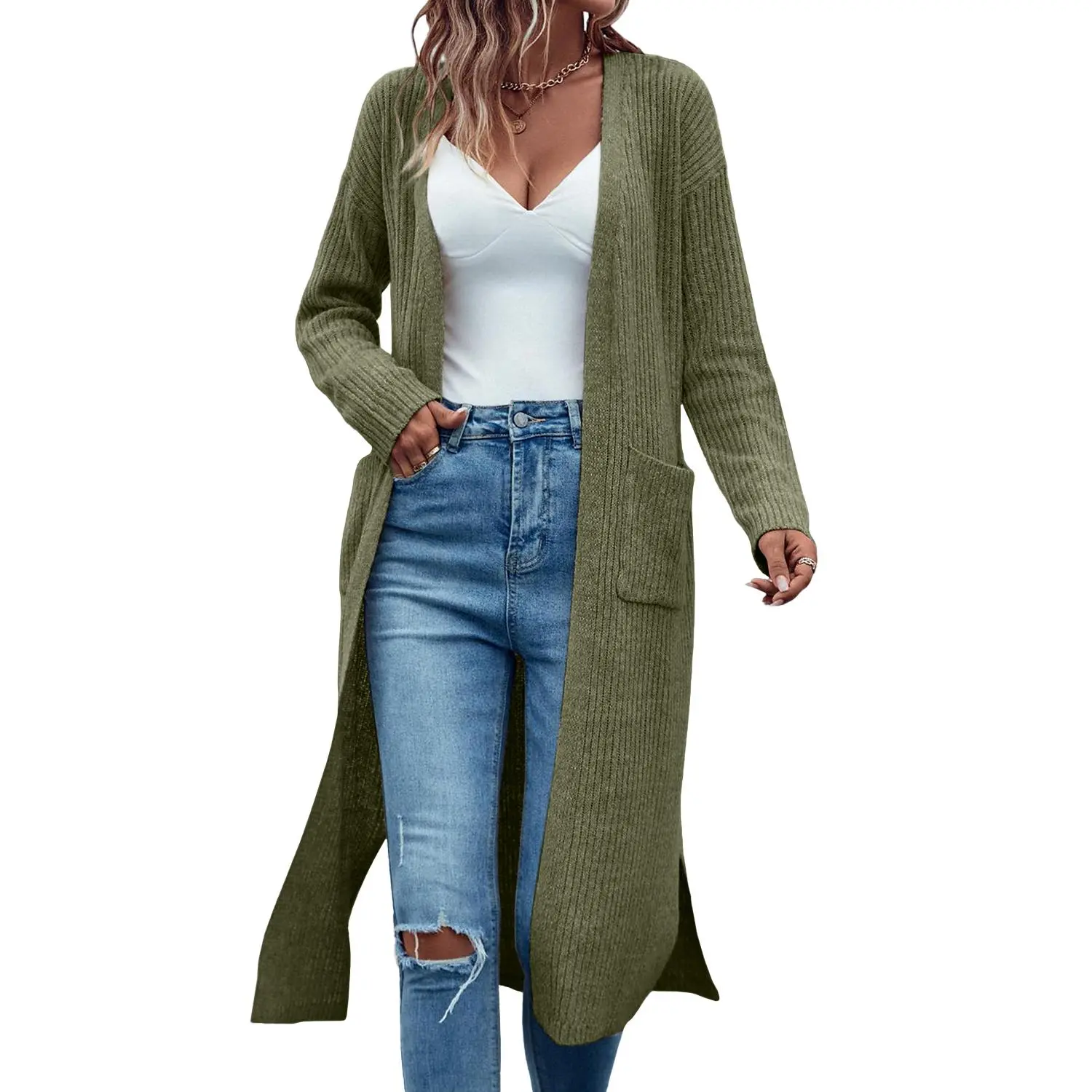 Women's Cozy Chunky Knit Duster Cardigan, Oversized Solid Open-Front Sweater Coat with Pockets, Long Sleeve Drape Knitwear for Work