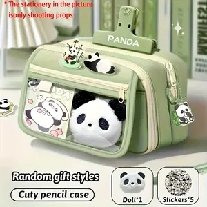 Panda Set Nine-Layer Large Capacity Pencil Case, Includes Pencil Case + Panda Doll + Stickers *5, Multi-Slot Storage Box, School Supplies, Pencil Bag