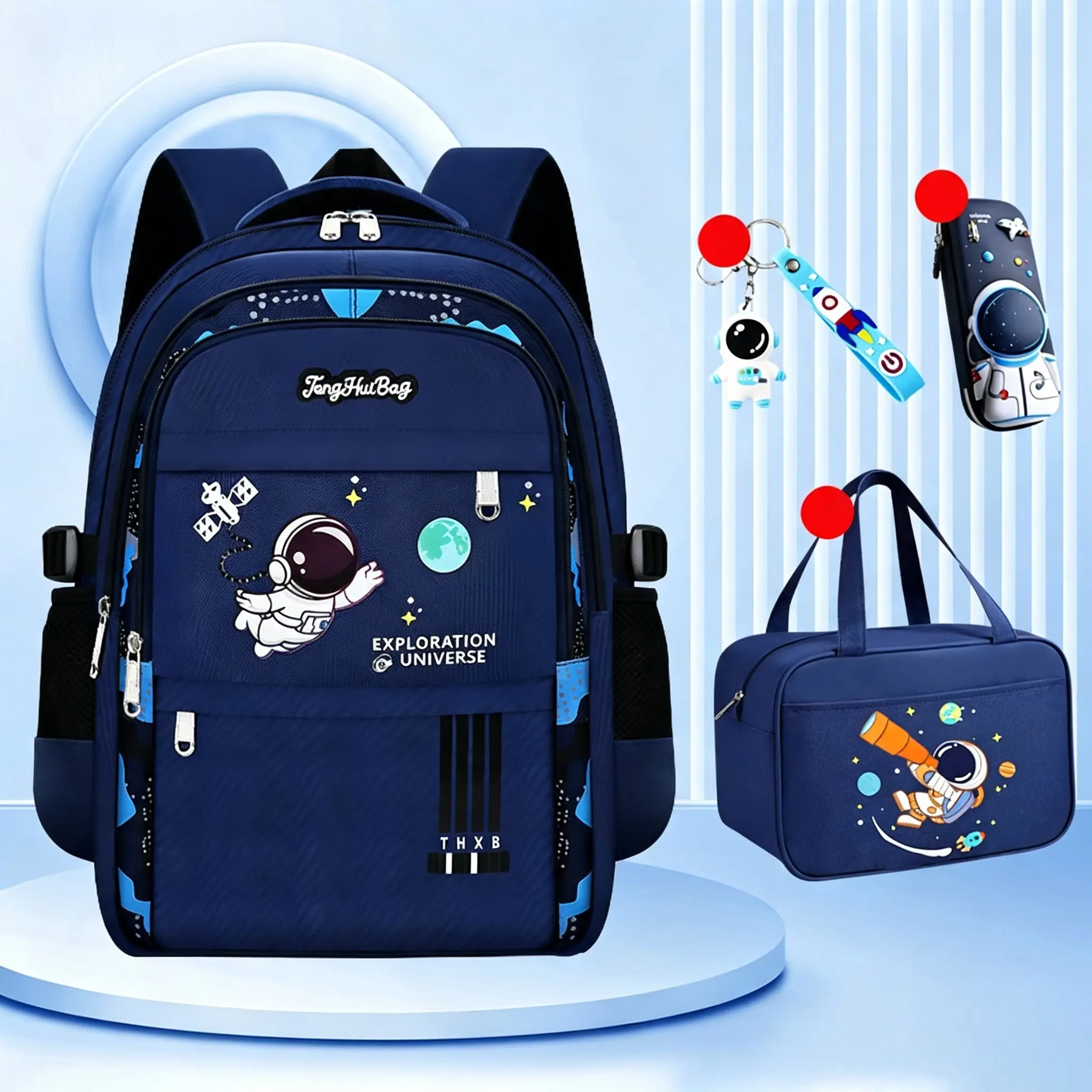 2026 New 3Pcs Astronaut Print School Backpack Set, Waterproof Lightweight Spine Protection Bookbag with Insulated Lunch Box & Pencil Case, Multi-Pocket Casual Daypack for Middle School Boys/Girls Teens Daily Commute