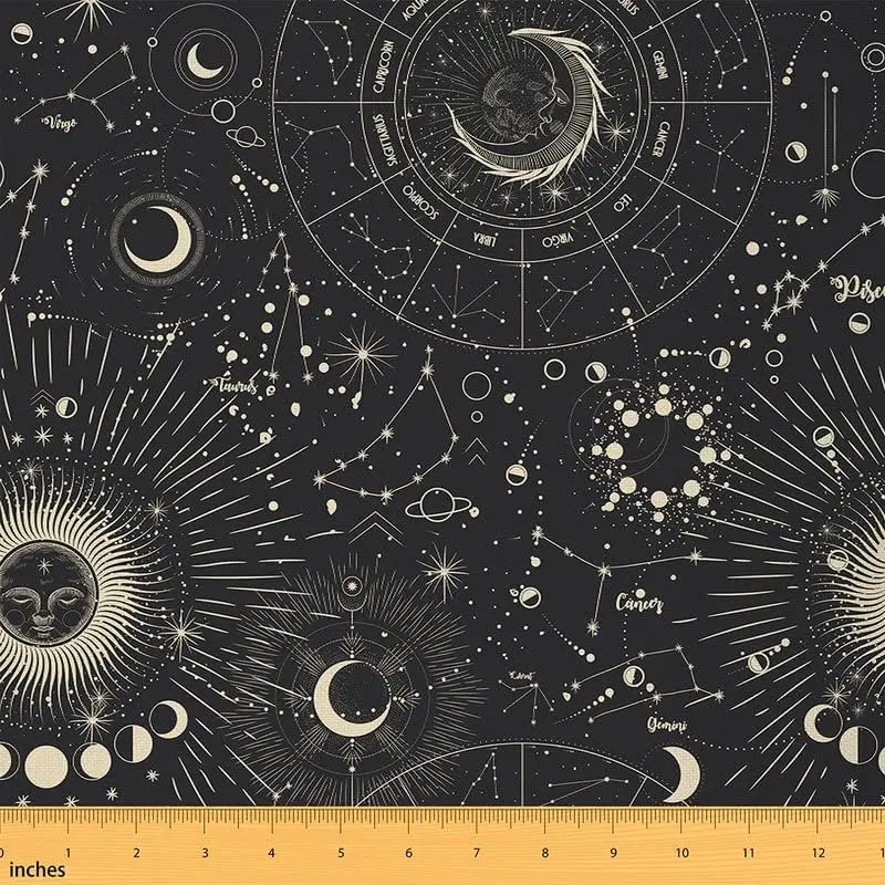 Sun Moon Upholstery Fabric,1 Yard,Boho Outer Space Constellation Outdoor Fabric by The Yard,Bohemian Universe Galaxy Decorative Fabric, Diy Crafting