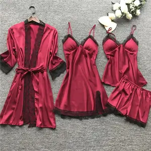 Lace Silk Pajamas Set Nightdress Sexy Lingerie Robe Women Sleepwear 4 Pieces Suits Sleeping Top And Shorts Femme Pijama Mujer Pj Loungewear Womenswear