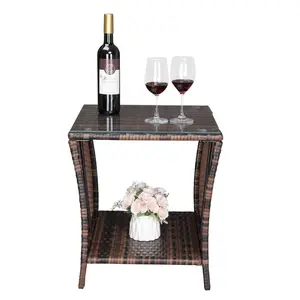 Outvita Glass Surface Brown Gradient Iron Frame Rattan Side Table - PE Cane Iron Tempered Glass, Easy to Clean, Modern Style Decor, Perfect for Bedroom, Living Room, Office Summervibes
