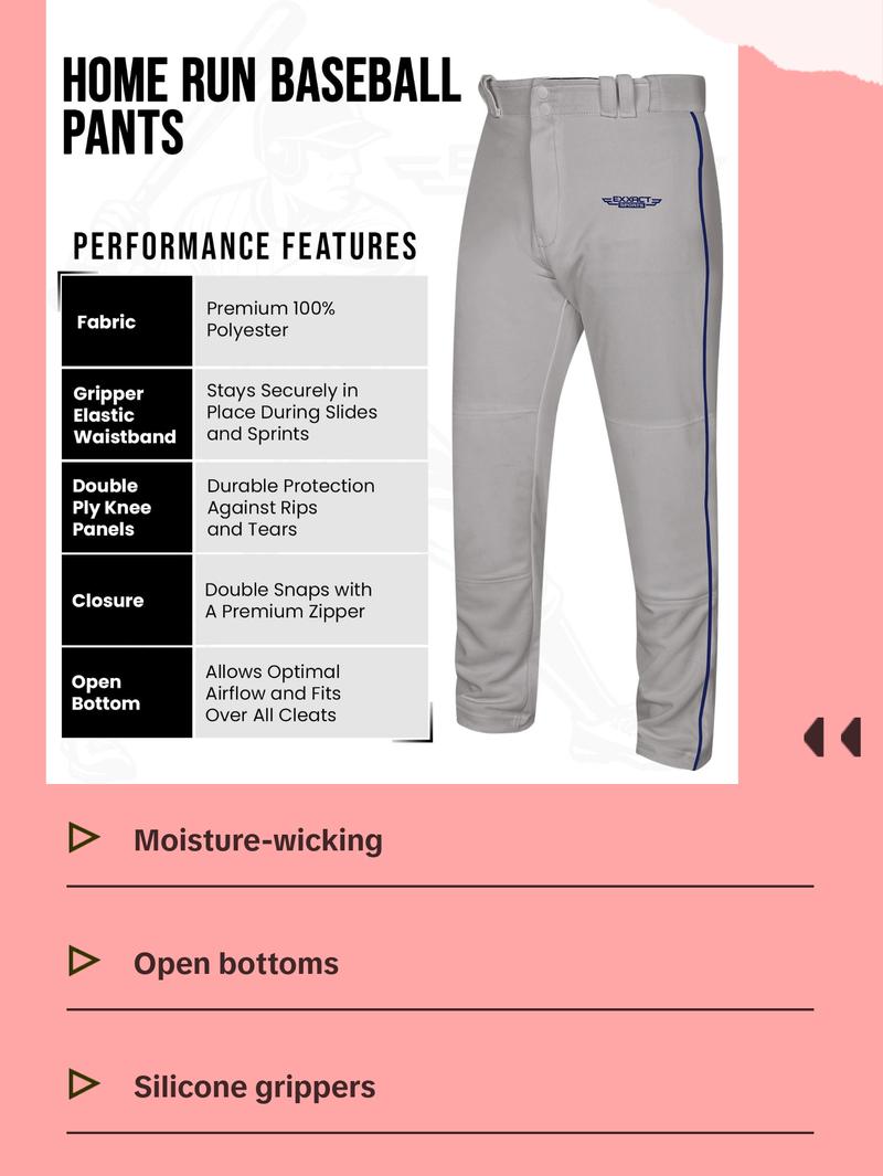 Exxact Sports Homerun Mens Baseball Pants - Full Length Baseball Pants Mens with Piping, Semi-Relaxed Open Bottom Pants (Gray / Navy Piping)