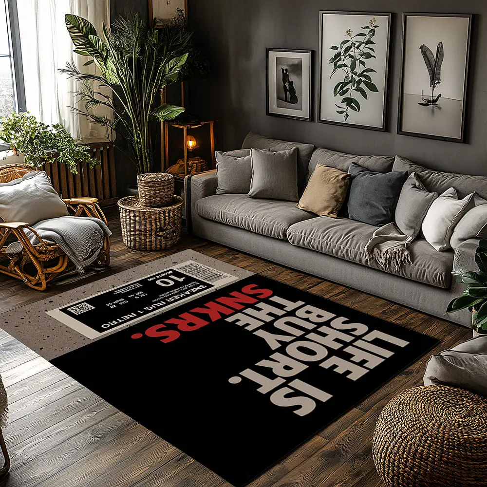 Life Is Short Buy The Sneakers Black Red Text Sneakerhead Crystal Velvet Area Rug, Modern Indoor Rug, Non‑Slip Streetwear Modern Living Room Rug