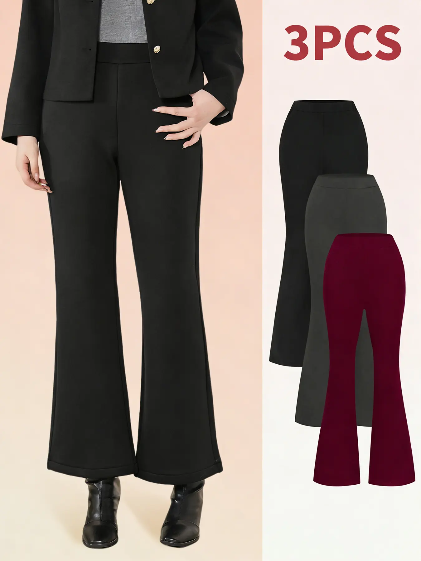 3pcs Fleece-Lined High Waist Flare Pants - Warm, Soft & Stylish Women's Winter Skinny Thermal Flares for Everyday, Running, Pilates