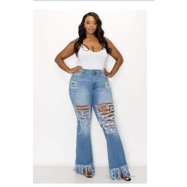 Plus Size Fringe Flared Leg Distressed Jeans