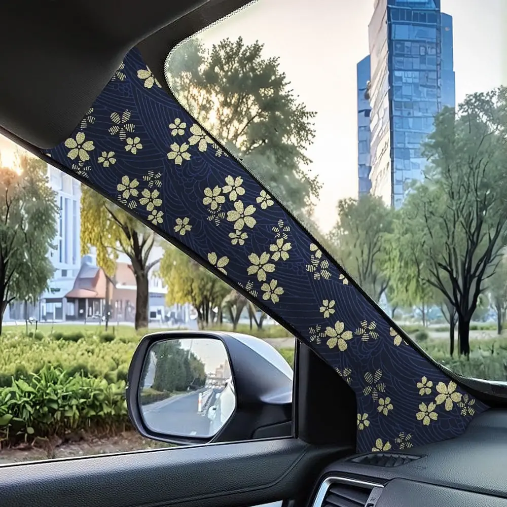 Jdm Style Car Interior Self-Adhesive Vinyl Sticker, Blue Background Flower Gold Foil Design, Dashboard & Pillar Decal