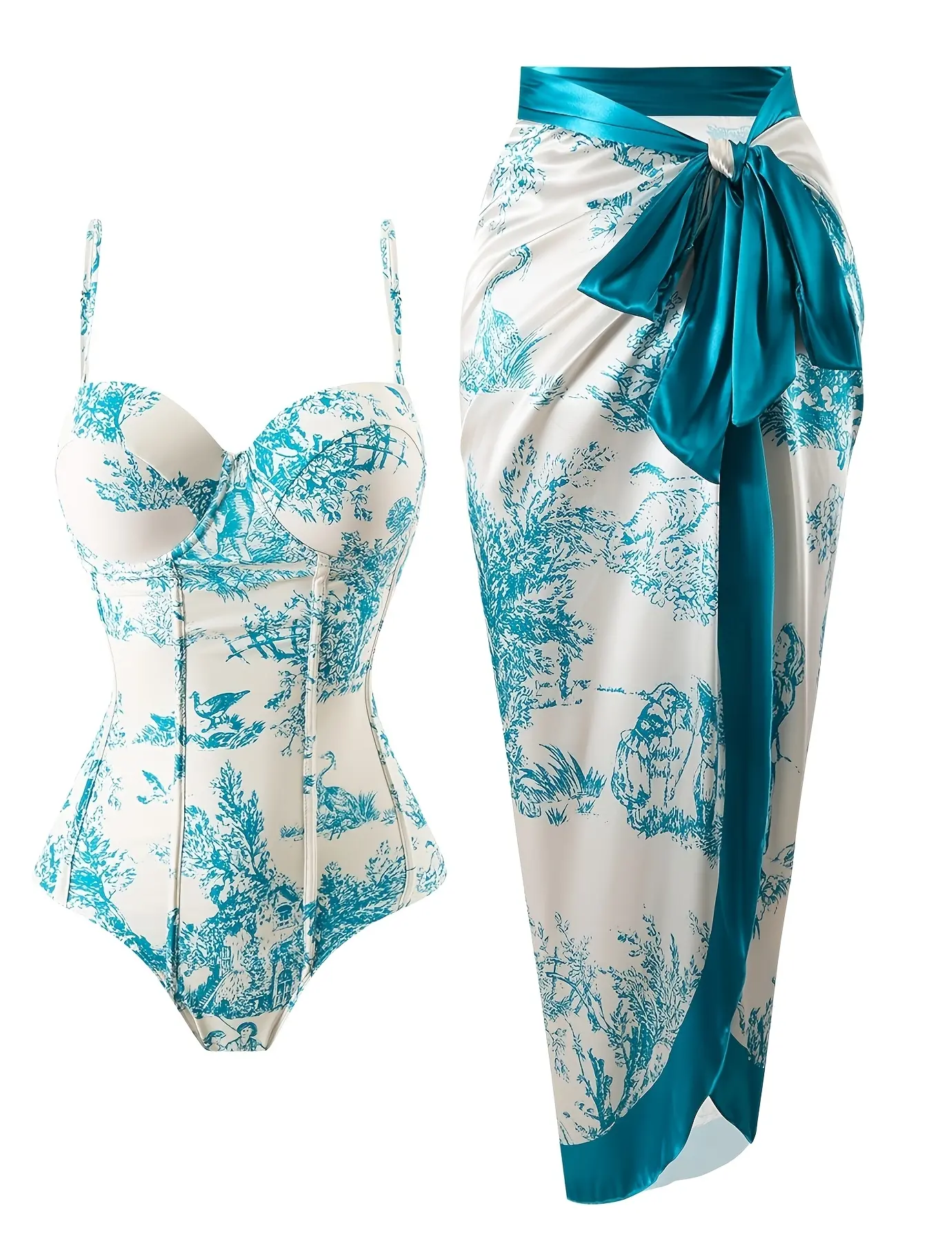 Women's 2-Piece Elegant Swimwear Set - Tropical Toile Print Corset Bodysuit, High-Stretch Satin Wrap Skirt, Vintage Girly Aesthetic, Beach-Ready Confidence Bathing Suit, Beach Confidence, Outfit Variant