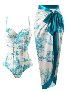 Women 2 Piece Swimsuit Set Toile Print Corset One Piece Swimsuit Wrap Skirt Beachwear Removable Pads High Stretch Teal White