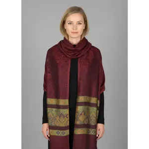 Tribal Maroon Exclusive Silky Shiny Tribal Paisley Printed Fringe Scarf