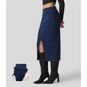 Halara Flex High Waisted Multiple Pockets Bodycon Split Stretchy Knit Denim Casual Midi Skirt