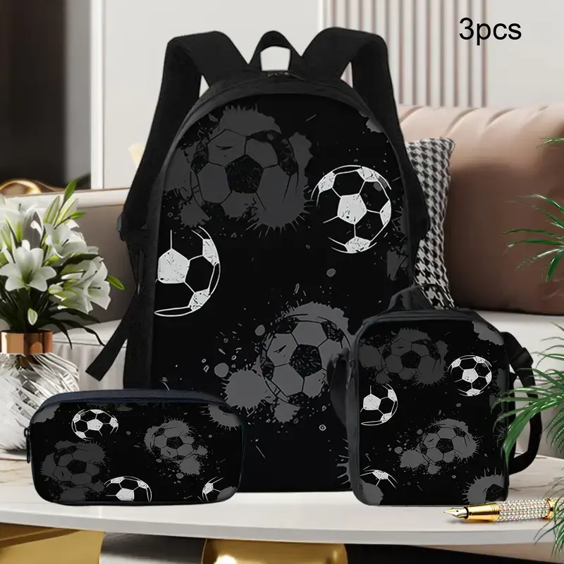 Black Gray Soccer 3-Piece Backpack Set, Monochrome Football School Bookbag with Matching Lunch Bag and Pencil Case, Sports Backpack for Boys Girls Teens, Travel Gift, Practice Daypack Gift Idea, Sports bag