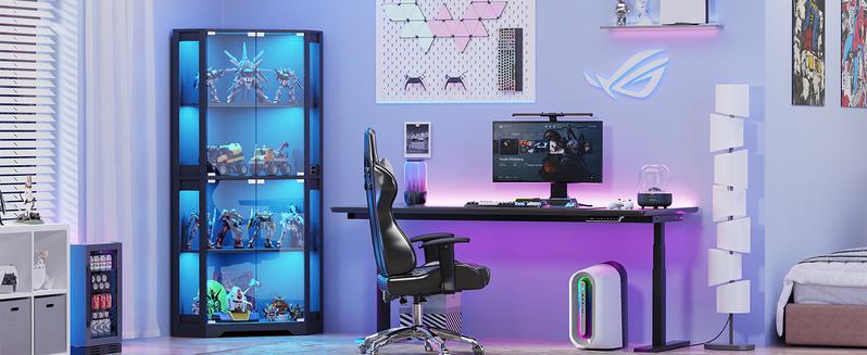 MIIFUNY Corner Display Cabinet with Glass Doors, 65" Lighted Curio Cabinet with 3 Color Lights for Collectibles, Toys, 4-Tier Showcase Display Case with Human Body Sensor for Living Room, Black