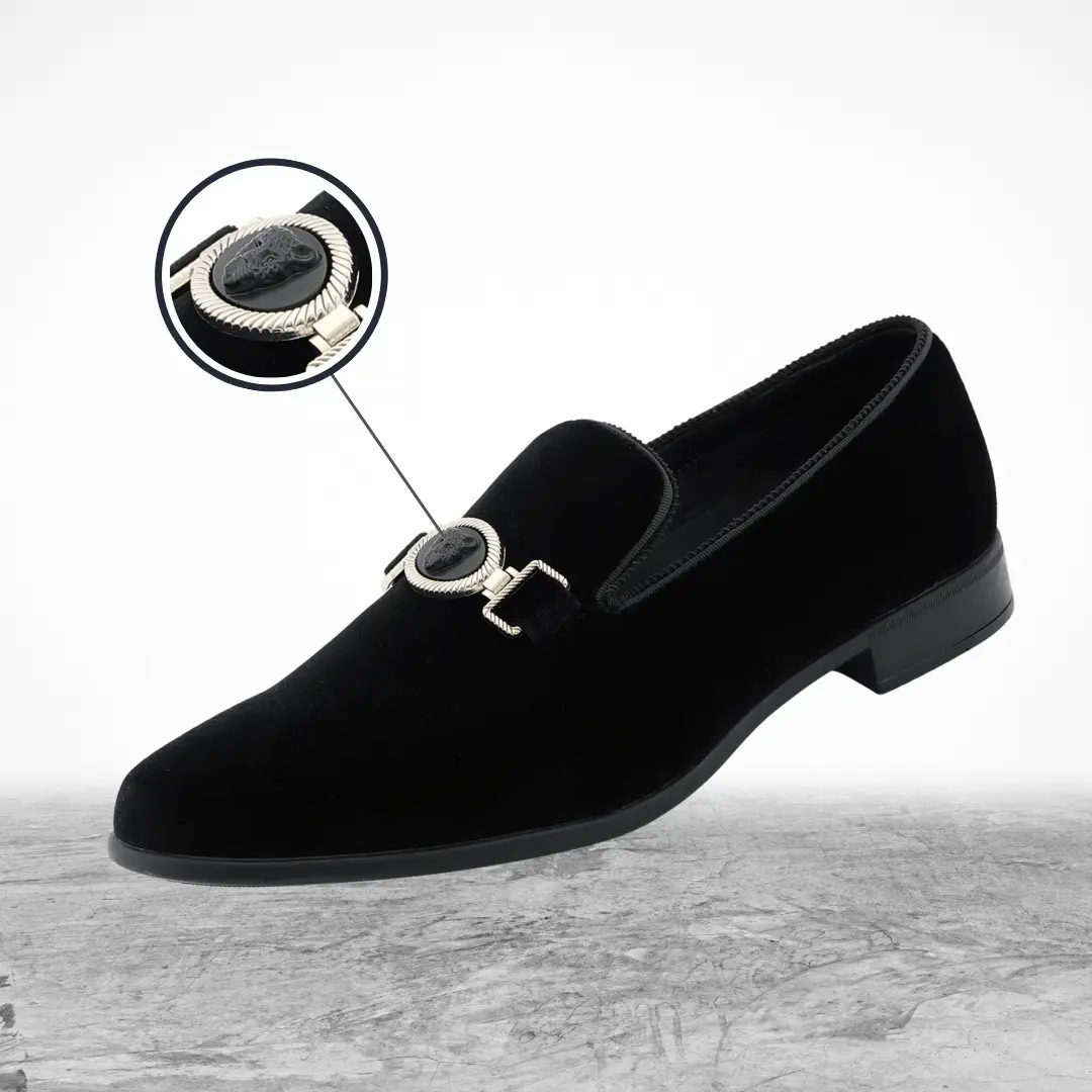 Amali Antonio Slip-On Loafers with Lion Embellishment Stylish Velvet Dress Shoes for Men Tuxedo Footwear Comfort Black
