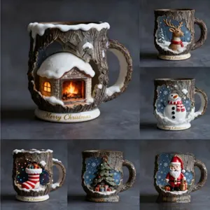 Christmas Themed Mug Collection, Creative Tree Stump Design, LED Snow Scene Cabin, Reindeer, Snowman, Santa Claus, Holiday Gift Decor Cup
