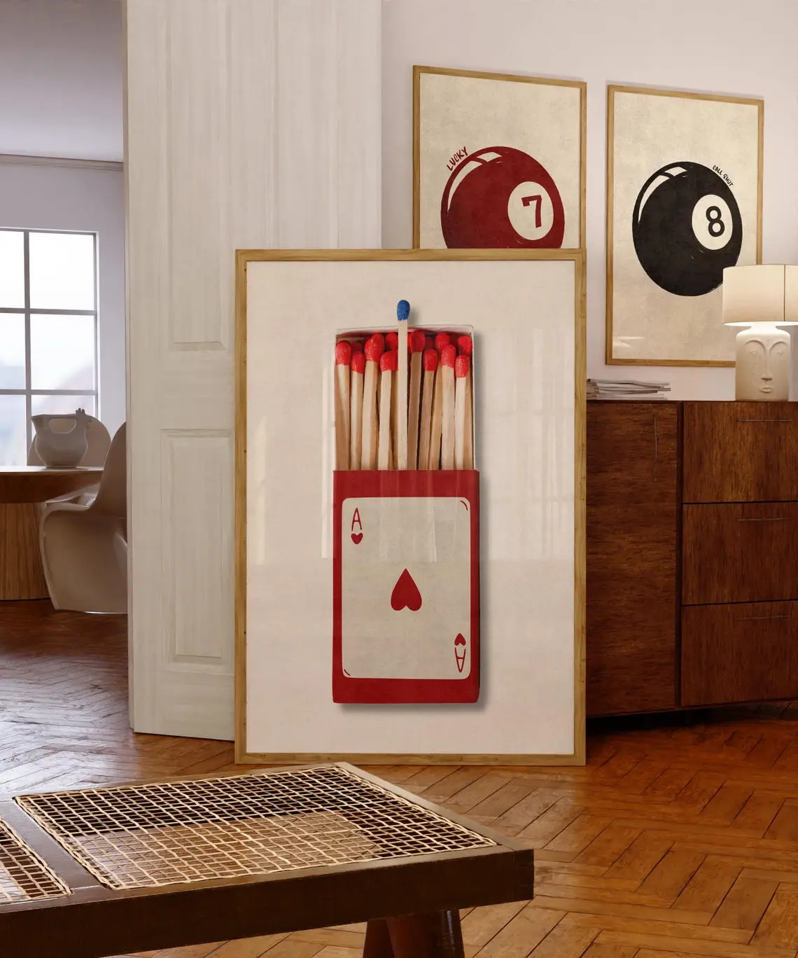 Ace Card Matchbox Wall Art – Vintage Playing Cards Poster, Trendy Collage Style Print, Stylish Living Room Decor