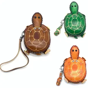 Handmade Vintage Genuine Leather 3D Mini Turtle Money Coin Purse With Removable Wrist Strap