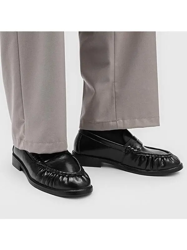 Men's PU Round Toe Slip-On Loafers - Matte Suede Gathered Upper, Penny Strap, Low Block Heel, Vintage Lazy Commute Casual Leather Footwear