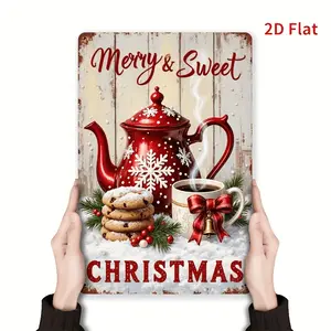 2D Flat, 1pc Vintage Christmas Metal Wall Decor Sign - Red Snowflake Teapot & Gingerbread House Design with "Merry & Sweet" Text - 8x12 Inch Rustic Farmhouse Style, Room Decor