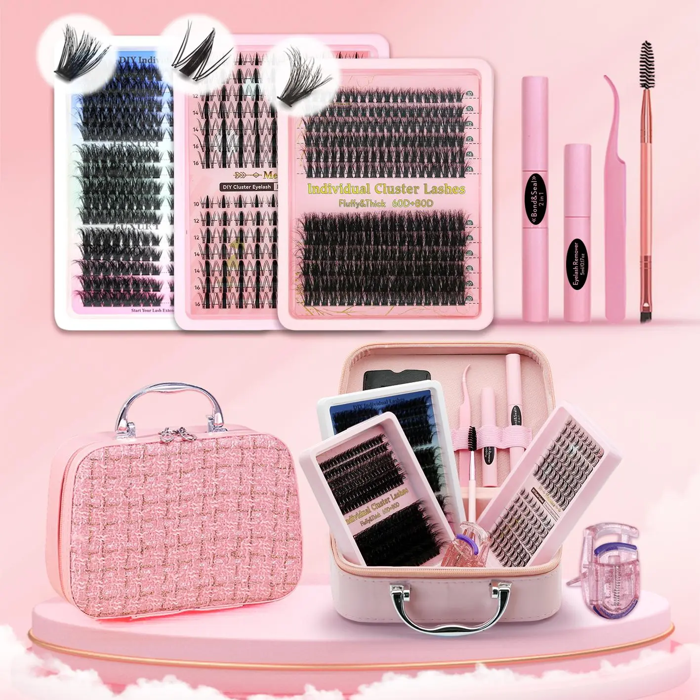 Eyelash Extensions Kit, 1 Set Including Individual Lash Clusters, Eyelash Glue, Remover, Tweezers, Brush, Curler, Professional Eye Makeup Tool for Women, Cosmetic Tools