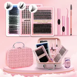 Eyelash Extensions Kit, 1 Set Including Individual Lash Clusters, Eyelash Glue, Remover, Tweezers, Brush, Curler, Professional Eye Makeup Tool for Women, Cosmetic Tools