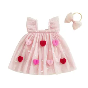 Newborn Baby Girl Valentines Day Romper Dress Flying Sleeve Heart Decor Tulle Patchwork Tutu Jumpsuit Headband Set First Valentine Photoshoot Outfit