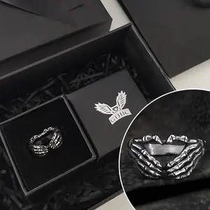 GTHIC Gothic Skull Hand Heart Shaped Stainless Steel Ring With Gift Box Couple Jewelry for Men and Women Mother's Day Gift