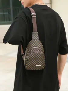 Men's PU Waterproof Chest Bag, Geometric Pattern Zipper Closure, Multi-Functional Casual Fashion Crossbody Phone Bag, Large Capacity Travel Use, Multifunctional Crossbody Bag