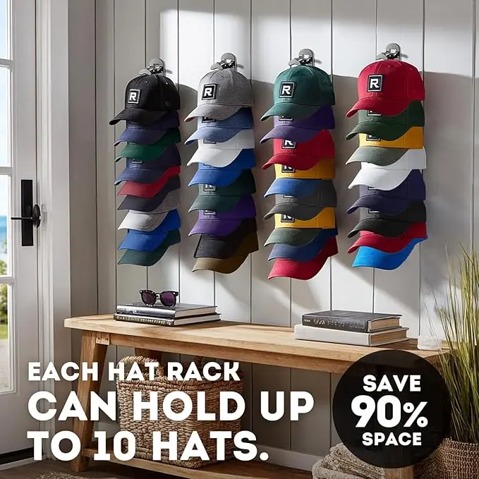 Hat Hook for Wall 2 Pack Hat Organizer Holds Up to 20 Hats with Strong Adhesive and 8 Screws Cap Holder for Closet Door and Bedroom B-Black - Decor Key Hook Wall Mounted Shelf