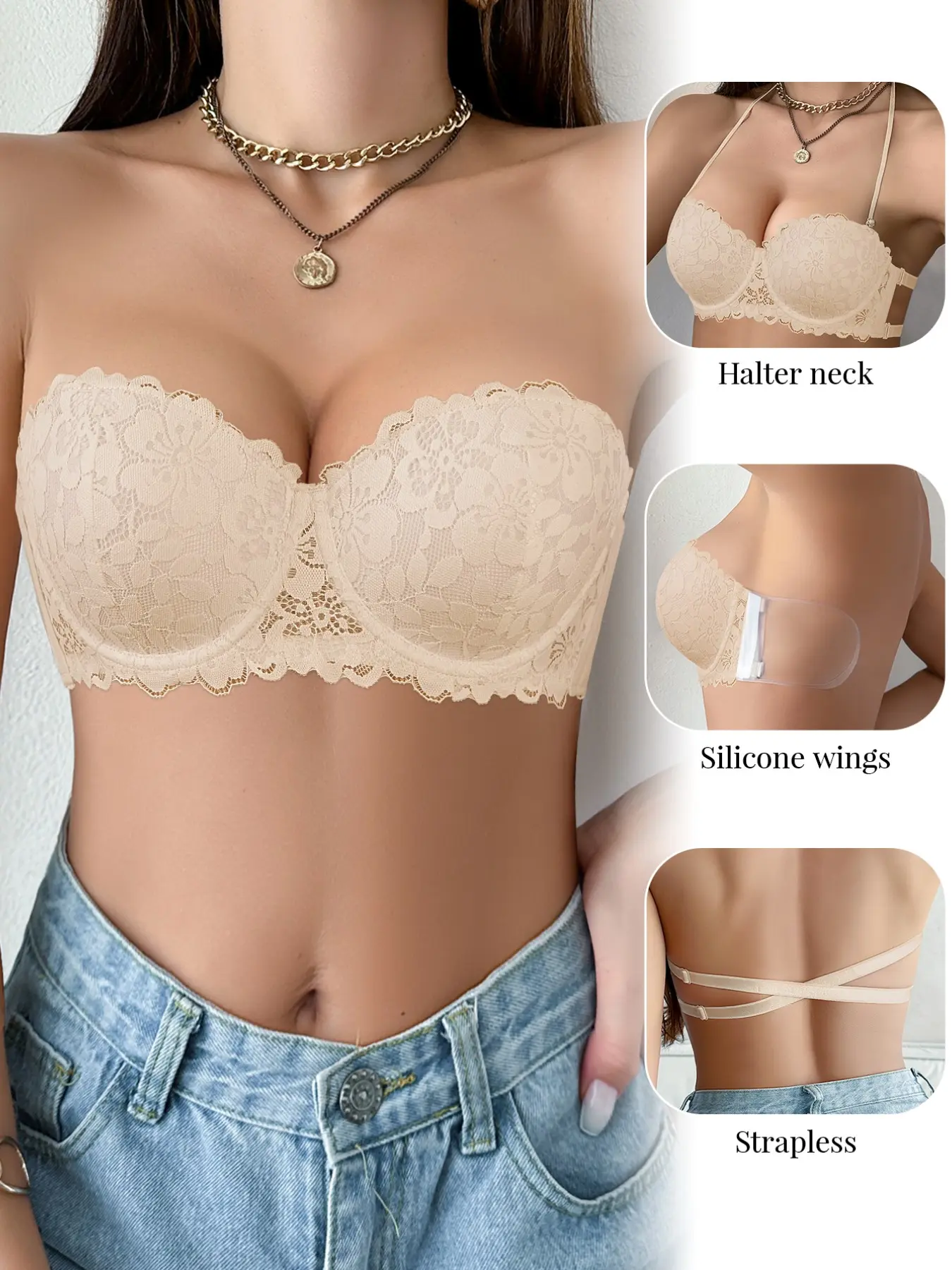 Women's Lace Strapless push up Backless Bra,Multiway Invisible Underwire Lift Anti‑sagging Breathable Adjustable Bandeau, Anti-Slip, Comfortable, Elegant, Perfect for Dates, One-Shoulder, Backless