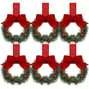 6-piece Christmas Kitchen Cabinet Mini Wreath Hanging Decorations with Bows and Berries, 5.12inch Mini Christmas Wreaths for Kitchen Decorations, Artificial Hanging Wreaths Suitable for Windows/Cabinets/Doors, Garland Ribbon