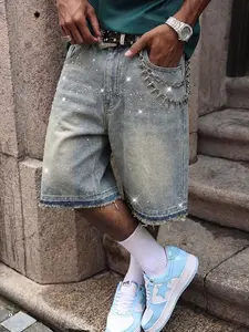 Y2K Style Rhinestone Star Jeans Shorts, Streetwear Distressed Hem Loose-Fit Lightweight Denim Jeans, Perfect for Summer Daily Wear Bottom