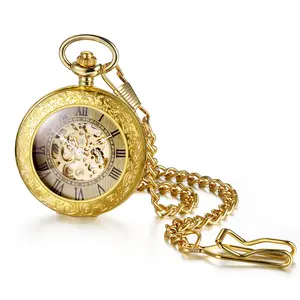 Luxury Gold Tone Transparent Automatic Mechanical Pocket Watch Roman Numerals Dial