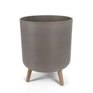 Lauco 14-Inch Extra-Large Round Heavy Duty Plastic Planter Pots with Stand, 2-Pack Minimalist Handcrafted Tall Pots with Light Coffee Natural Wooden Legs for Indoor Living Room, Outdoor Garden (Outdoor Planters Set), Heavy Duty Planter
