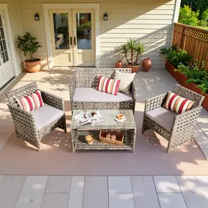 【Mother's Day】HOOOWOOO Outdoor Patio Furniture Set 4PCS, PE Wicker Rattan Chairs Garden Conversation Sets with Tempered Glass Table and Soft Cushions for Lawn,Pool or Backyard