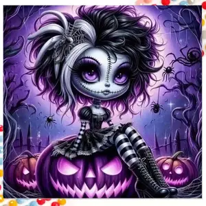 1pcs 5D DIY diamond painting set, 5D diamond art set, DIY decoration, goth girl, purple pumpkin, spider web diamond painting set full round drill DIY, mosaic, diamond art, DIY art home decoration, suitable for Halloween and Christmas.