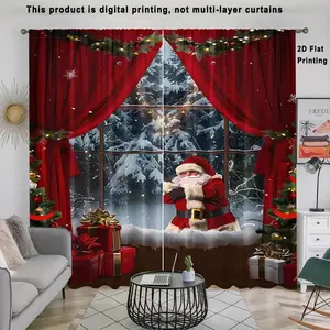 Christmas Tree Print Curtains, 2 Pieces, Semi-Blackout Polyester Fiber, Pole Pocket Installation, Suitable for Bedroom Living Room Kitchen Study Coffee Shop, Home Decoration Curtain
