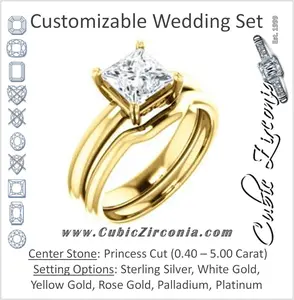 CZ Wedding Set, featuring The Marie Rosalind engagement ring (Customizable Princess Cut Solitaire with Tooled Trellis Design)