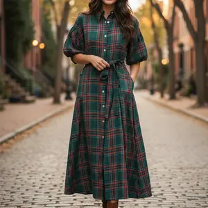 TikTokShopBlackFriday Christmas Womens Casual Button Down Shirt Dress Plaid Print Long Sleeve Lapel Collar Maxi Dresses with Belt Pocket Cotton Fashion