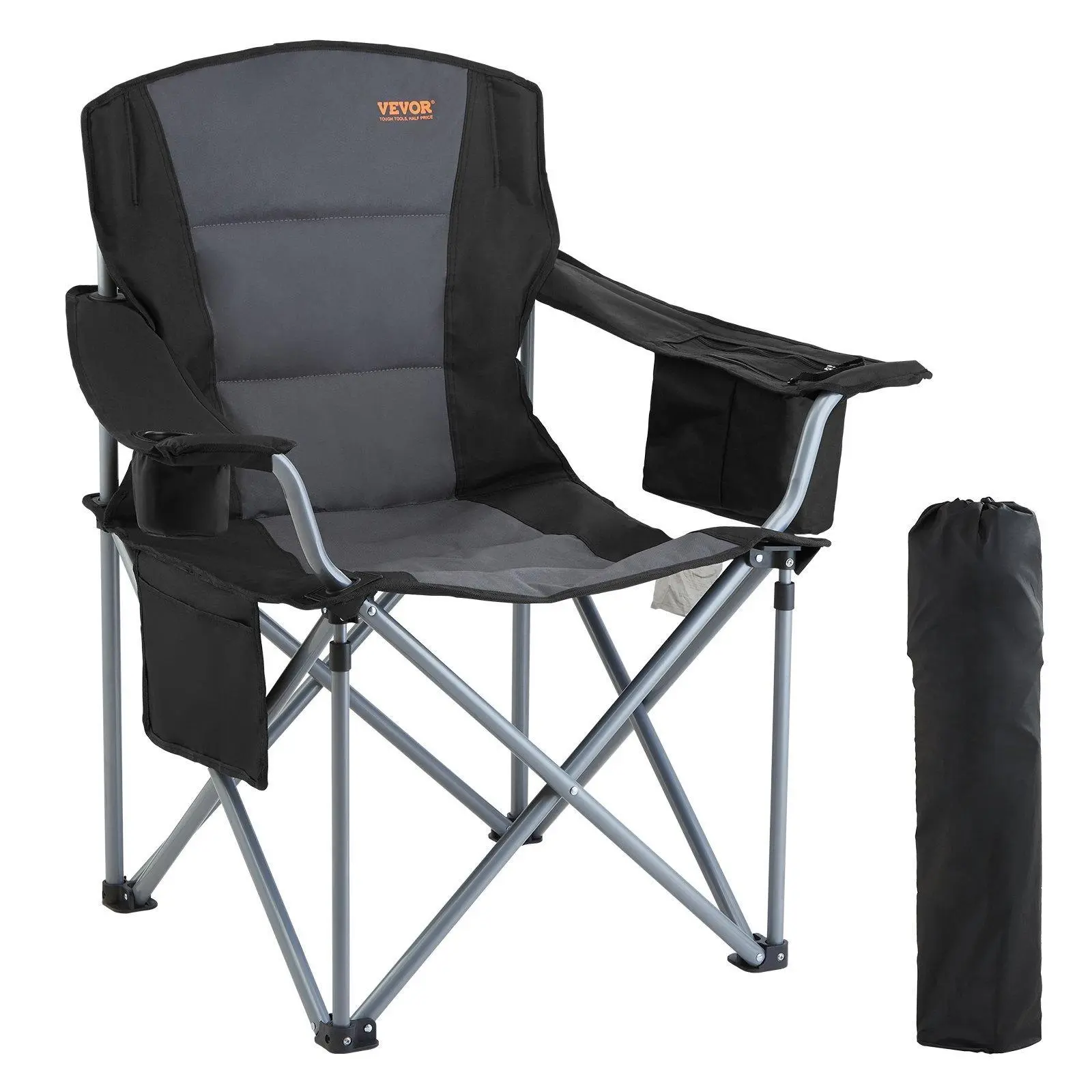 VEVOR Adult Collapsible Folding Chair, Heavy-Duty Outdoor Quad Seat with Lumbar Back Pad, Armrests, Side Pockets, Cup Holder, Cooler Bag, Ideal for Camping, Picnic, Oxford Cloth, Abrasive Resistant, Steel Pipes Solid, Adult Size, Outdoors, Hi#BackToSchool