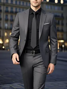 2pcs Men's Slim-Fit Classic Suit Set - Navy Blue/Black Tailored Jacket & Pants, Collar & Button Front - Wedding, Business, Party Formal Wear - All-Season Tailoring (Hand Wash/Dry Clean) Luxury Tuxedo Blazer Pants Set
